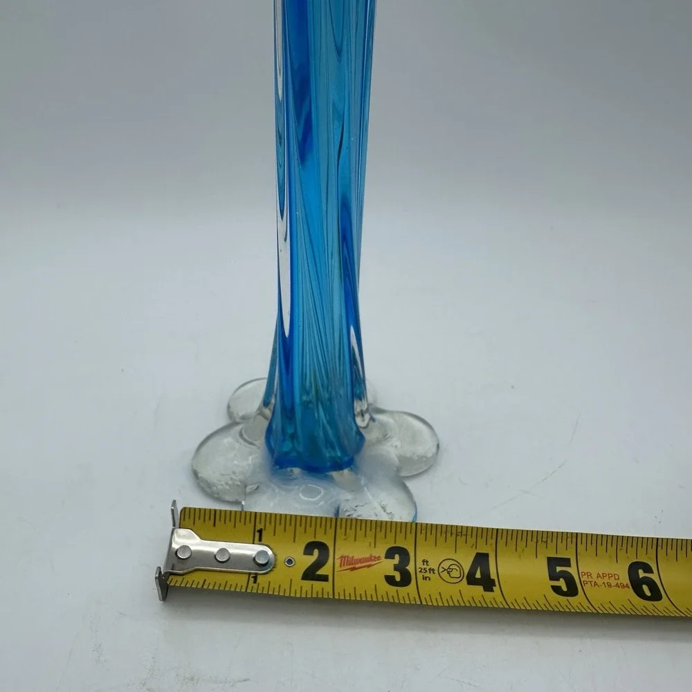 VTG Narrow Twisted Stemmed Flower Vase W/Elephant Foot Blue & ClearArt Glass 11